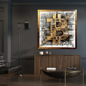 Duży obraz bitcoin abstrakcja, obraz złoty, obraz bitcoin, obraz w złotej ramie, obraz kryptowaluty, obrazy do salonu sprzedaży