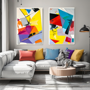 Dwie kolorowe abstrakcje, duże kolorowe abstrakcje, obrazy na ścianę, geometryczna abstrakcja