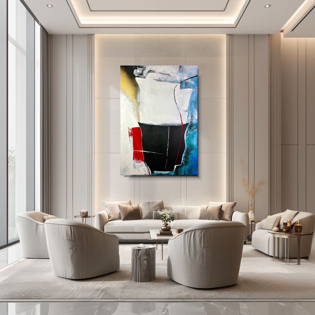 Nowoczesny obraz abstrakcyjny z czarną centralną formą, białym tłem oraz akcentami czerwieni, złota i niebieskiego, utrzymany w minimalistycznym stylu wizualiuzacja