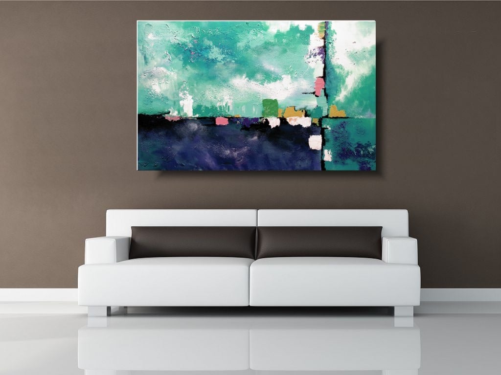 Abstrakcja duży turkusowy obraz, obraz abstrakcja, duży turkusowy obraz, obraz pionowy do salonu, obraz ręcznie malowany