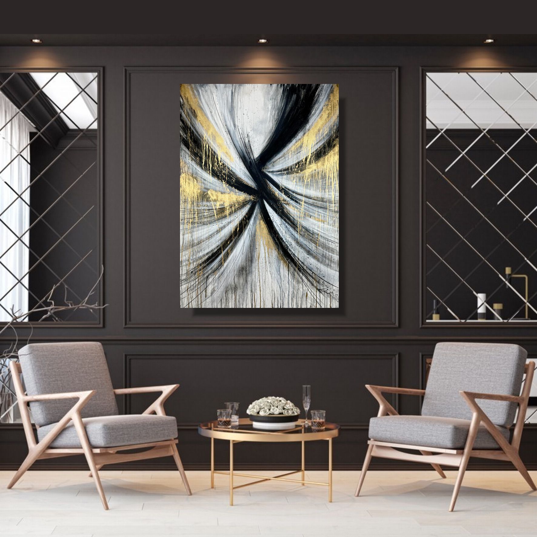 Czarno biała duża abstrakcja, abstrakcja czarno biała, złota obraz abstrakcyjny, obraz ze złotem, pionowy duży obraz, obrazy na korytarz