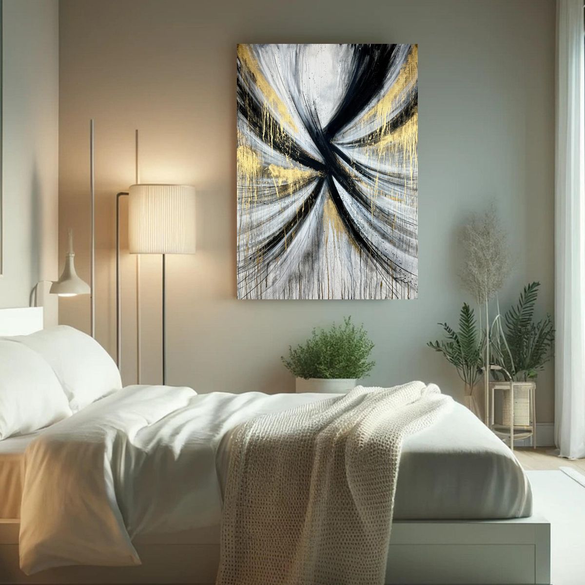 Czarno biała duża abstrakcja, abstrakcja czarno biała, złota obraz abstrakcyjny, obraz ze złotem, pionowy duży obraz, obrazy na korytarz