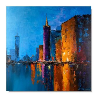 Nowoczesny obraz miasto 80 x 80cm – kolorowa architektura nad wodą 2372A