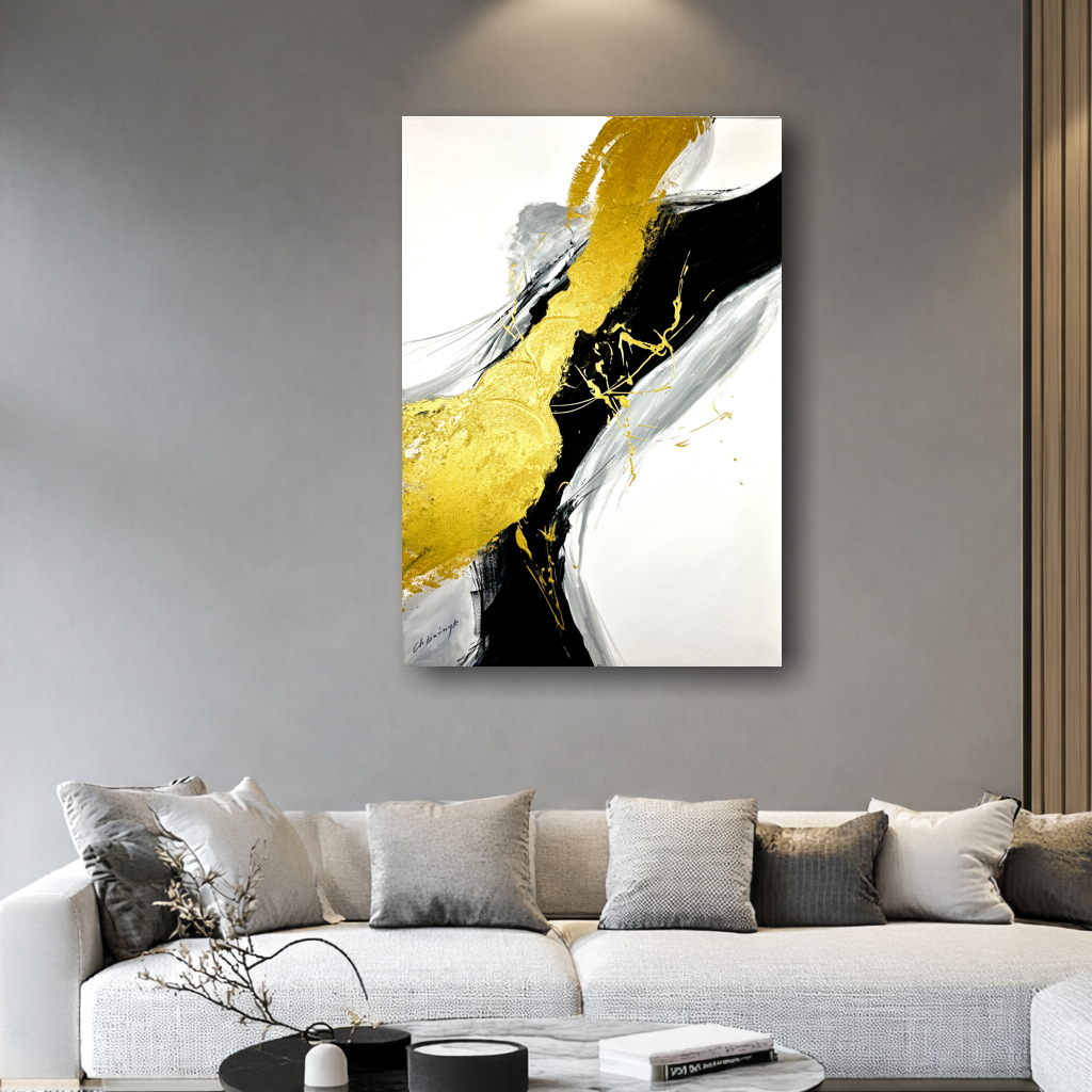 Złoty obraz abstrakcyjny 100 x 70cm – nowoczesna kompozycja premium 2371A - obrazek 3