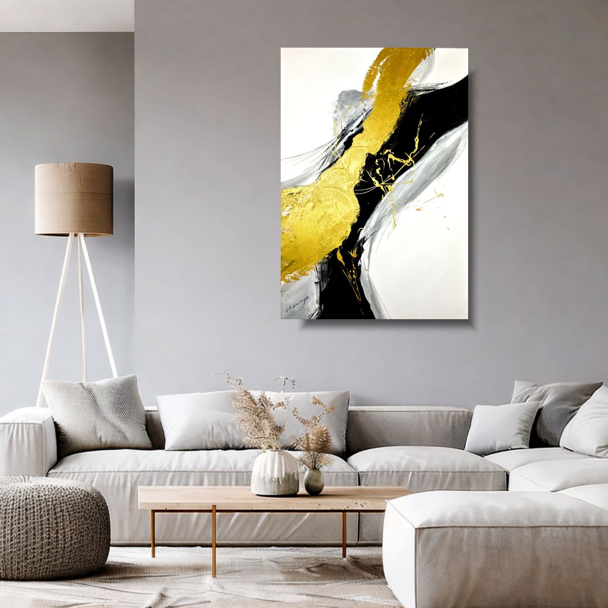 Złoty obraz abstrakcyjny 100 x 70cm – nowoczesna kompozycja premium 2371A - obrazek 2